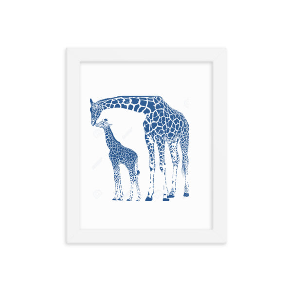 Navy Blue Mother and Baby Giraffe Framed poster