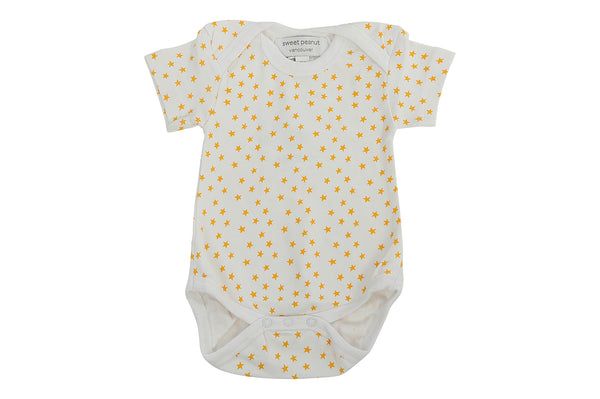 short sleeve onesie in orange stars